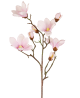 De Kunstmagnoliatak Real Touch Roze 98cm heeft verschillende lichtroze magnolia bloemen en knoppen met zachte bloemblaadjes, een geel hart en bruine stelen, allemaal tegen een witte achtergrond.