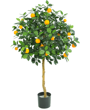L'arancio artificiale da 120 cm di Easyplants ha foglie verdi rigogliose e tanti frutti di colore arancione brillante, esposti in un vaso su un semplice sfondo bianco.