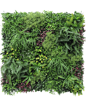 La siepe artificiale Wonderland 100x100 cm UV è un giardino verticale quadrato con un denso mix di foglie verdi e viola, felci e piccoli fiori gialli in una disposizione rigogliosa e strutturata.