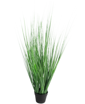 L'erba artificiale cipolla 130 cm ignifuga è una pianta erbacea ornamentale in vaso con foglie verdi lunghe e sottili, su uno sfondo bianco a tinta unita.