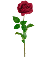 La rosa artificiale Real Touch 53 cm rossa è un'unica rosa artificiale con un lungo stelo verde e numerose foglie, isolate su sfondo bianco.