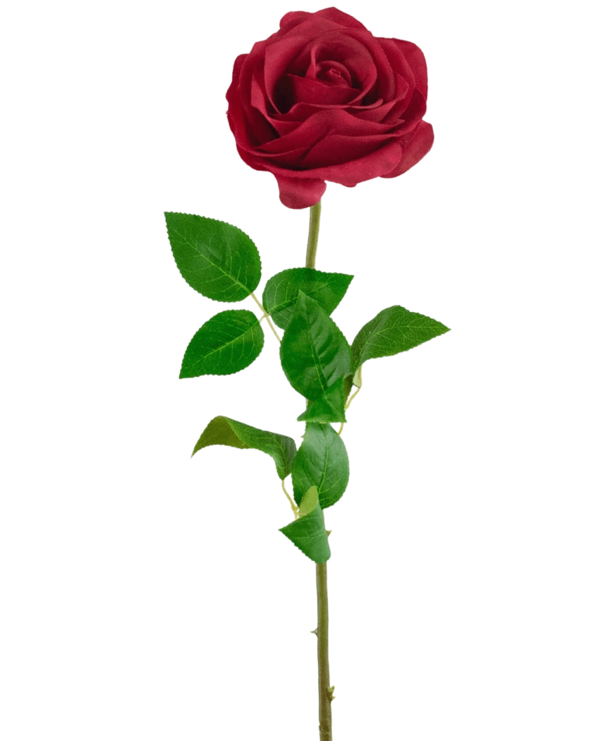 La rosa artificiale Real Touch 53 cm rossa è un'unica rosa artificiale con un lungo stelo verde e numerose foglie, isolate su sfondo bianco.