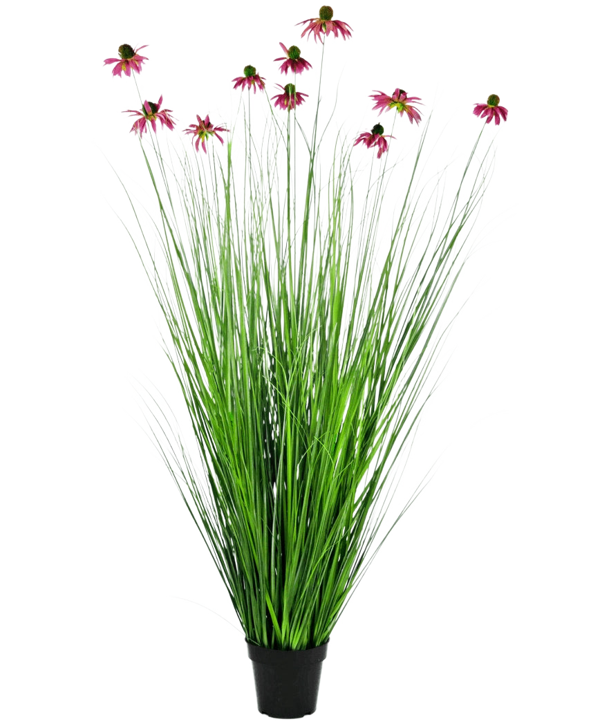 La pianta di erba artificiale crisantemo ignifuga da 150 cm ha foglie verdi lunghe e sottili simili a erba e lunghi steli con fiori rosa simili a margherite, presentati in un vaso su un semplice sfondo bianco.