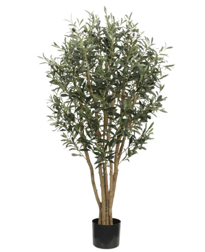 L'olivo artificiale UV 120 cm ha tronchi sottili marrone chiaro e foglie verdi dense, è resistente ai raggi UV per una bellezza esterna duratura e viene fornito in un semplice vaso nero, ideale come pianta artificiale all'aperto su qualsiasi sfondo.
