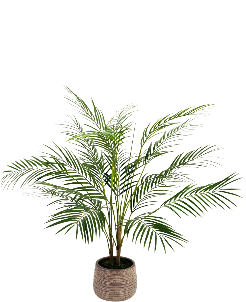 La palma artificiale Chamaedorea da 83 cm ha foglie verdi lunghe e sottili e steli multipli in un vaso strutturato marrone chiaro, su uno sfondo bianco a tinta unita.