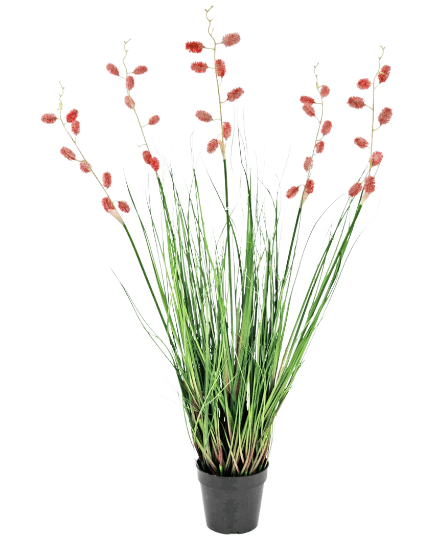 Una pianta di erba artificiale ignifuga millepiedi di 100 cm con foglie verdi lunghe e sottili e steli alti con pennacchi rosa-rossi, presentata su uno sfondo bianco.