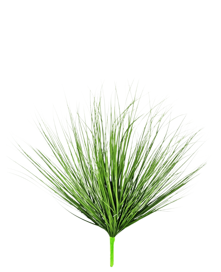 L'erba artificiale cipolla ignifuga da 70 cm ha foglie lunghe, sottili, verdi simili a erba che emergono da un unico stelo, su uno sfondo bianco semplice.
