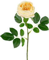 La rosa artificiale da giardino "Anniken" Real Touch gialla da 72 cm ha un'unica rosa gialla con più foglie verdi su un lungo stelo, su uno sfondo bianco semplice.