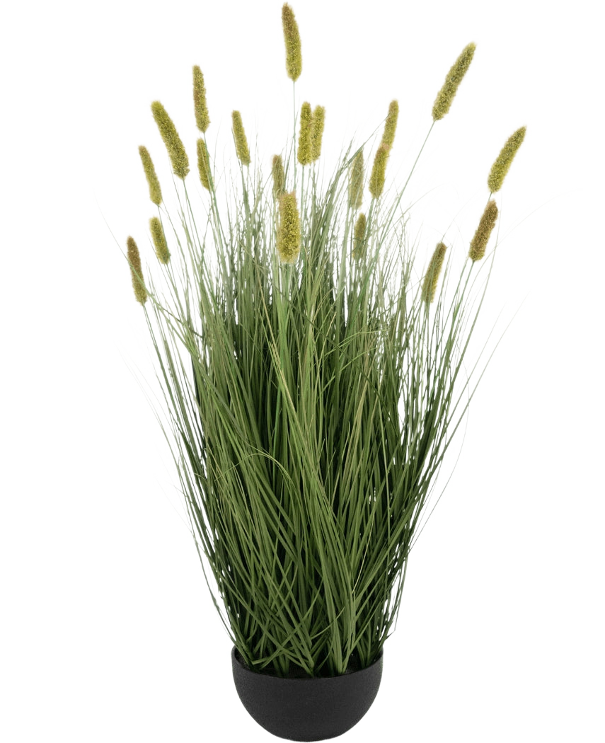 Il vaso per erba artificiale Matsutake cipolla da 90 cm ignifugo presenta foglie lunghe e sottili simili a erba verde e steli eretti con soffici teste di semi giallastre in un vaso nero, il tutto su uno sfondo bianco.